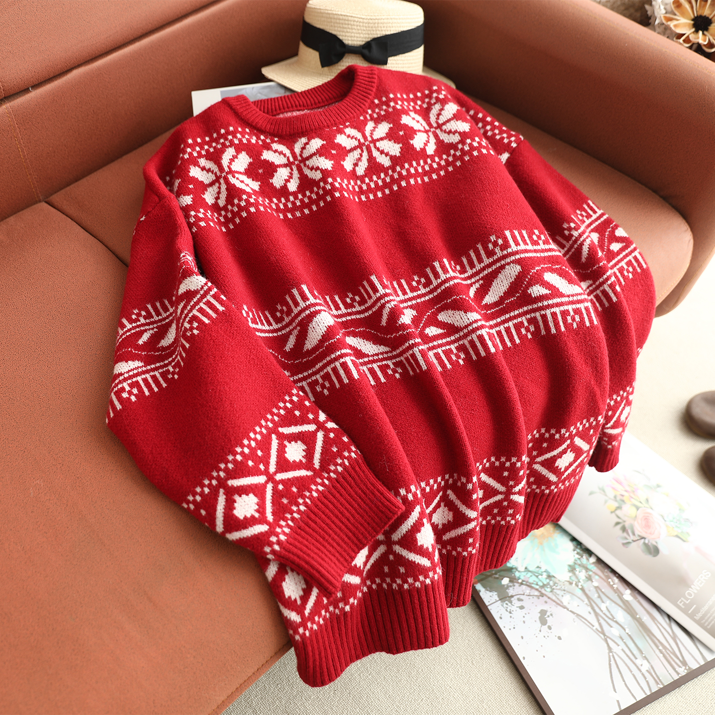 圣诞款撞色针织慵懒风女毛衣