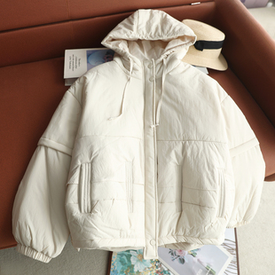 新款韩版宽松连帽棉服女短款加厚保暖棉衣外套米白色拉链棉袄上衣