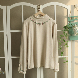 T恤衫 女甜美减龄柔软舒适棉质长袖 森系绣花花边半高领打底衫 新款