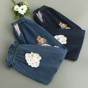 春季新款甜美松紧腰刺绣小熊贴布爱心宽松百搭花边松紧腰牛仔裤潮