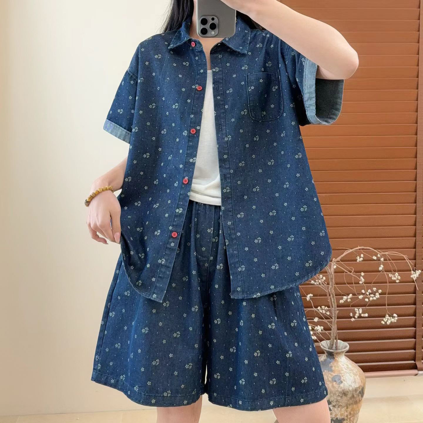 夏季碎花牛仔衬衫短裤套装女