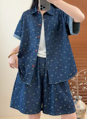 夏季碎花牛仔衬衫短裤套装女