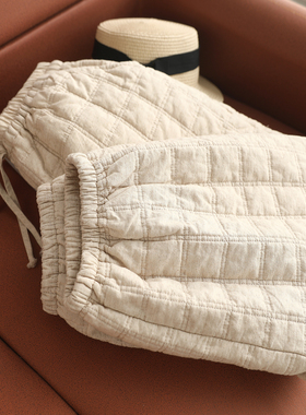 新款麻本色加棉灯笼裤女宽松白色棉麻方格压线休闲九分棉裤 潮