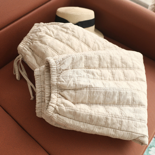 新款麻本色加棉灯笼裤女宽松白色棉麻方格压线休闲九分棉裤 潮