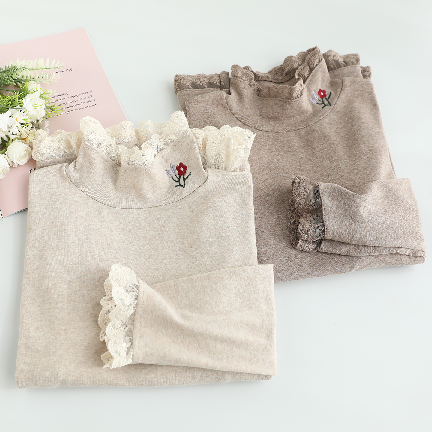 新款森女系蕾丝花边半高领打底衫女宽松百搭棉质弹力套头T恤衫潮