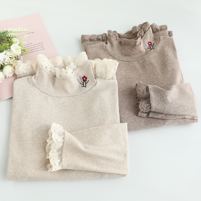 蕾丝花边半高领打底衫女