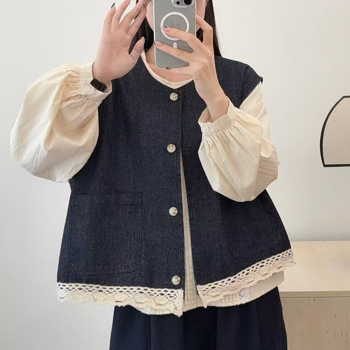 简约圆领牛仔马甲女宽松百搭