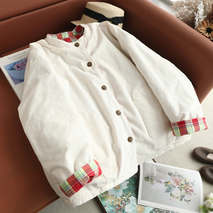 冬季新款简约小立领灯芯绒棉衣棉服女宽松百搭两面穿条绒加棉外套