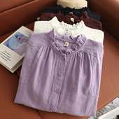 女纯色甜美减龄柔软舒适开衫 小清新木耳花边领棉纱长袖 衬衫 上衣潮