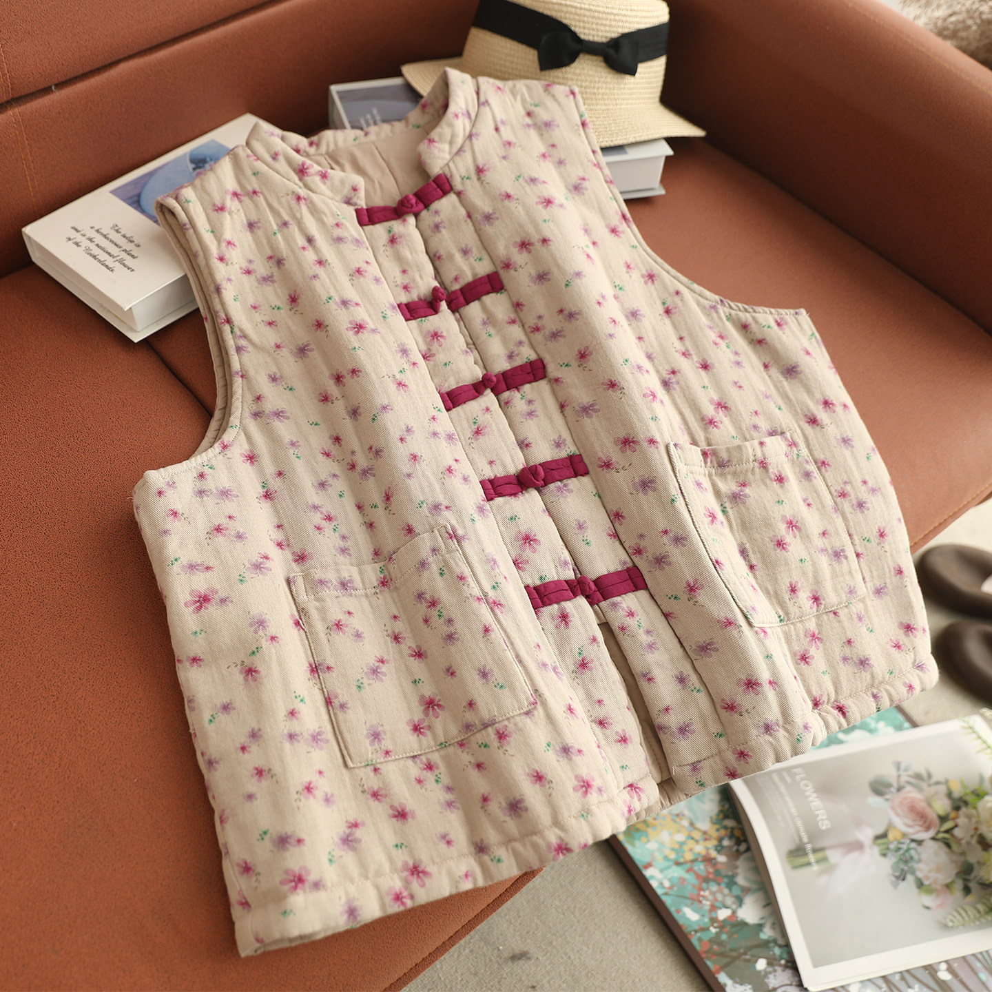 新款文艺小立领盘扣碎花棉马甲女复古做旧无袖棉坎肩休闲棉背心,女装/女士精品,马夹,淘宝优惠券,粉丝福利购,淘宝优惠卷