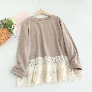 森系荷叶花边下摆拼接打底衫 上衣潮 女宽松百搭棉质柔软弹力T恤衫