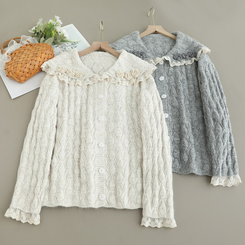 新款翻领立体花朵针织开衫