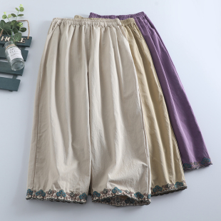 女松紧腰宽松直筒棉质九分显瘦休闲裤 口绣花阔腿裤 潮 森系裤 新款
