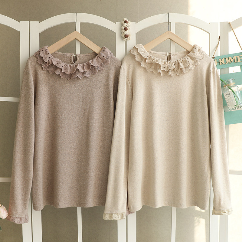 新款蕾丝花边圆领打底衫女棉质纯色长袖T恤衫柔软舒适弹力上衣潮,女装/女士精品,毛针织衫,淘宝优惠券,粉丝福利购,淘宝优惠卷