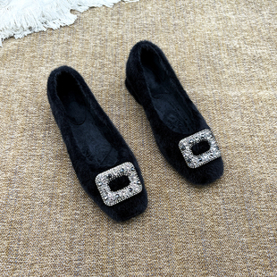 法式方头粗跟毛毛鞋加绒中跟单鞋女新款冬保暖外穿仙女风加绒毛鞋