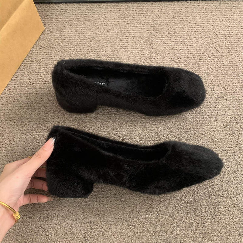 法式毛毛鞋女2025秋冬新款百搭方头黑色粗跟单鞋女加绒保暖棉鞋
