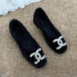 小香风爆款水钻方头毛毛鞋加绒中跟单鞋女新款冬外穿仙女玛丽珍鞋