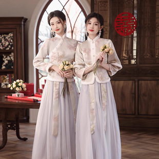 新中式秋冬季加厚伴娘服长袖绝美高领高级感显瘦礼服姐妹团闺蜜