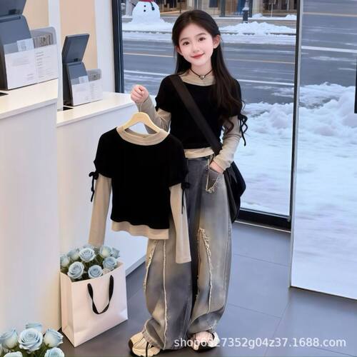 女童长袖春秋季韩版t恤潮酷2026新款女孩洋气百搭假两件打底衫上