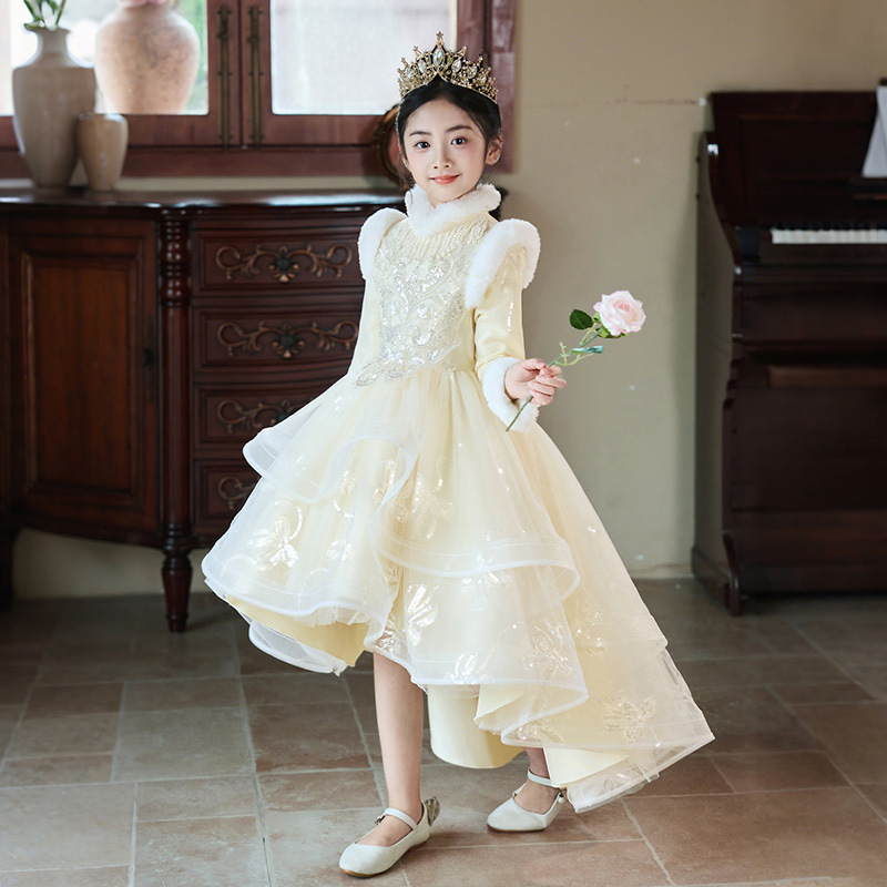 女童礼服裙花童婚礼演出服儿童秋冬加绒加厚连衣裙子主持人公主