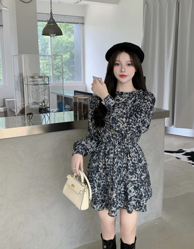 Real price broken flower dress waist closed long sleeve fairy tea break skirt