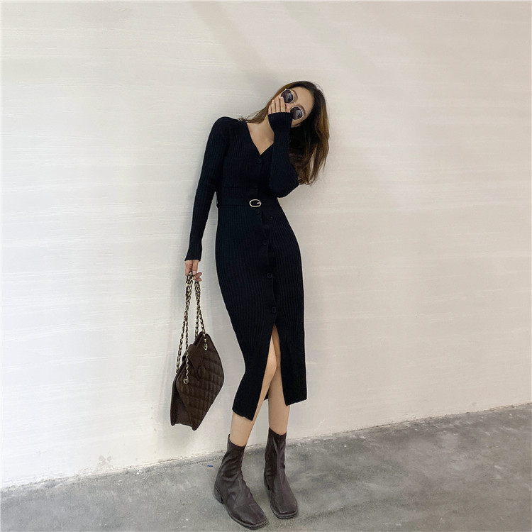 Real price autumn and winter Vintage A-line knitted skirt V-neck knitted dress women's belt