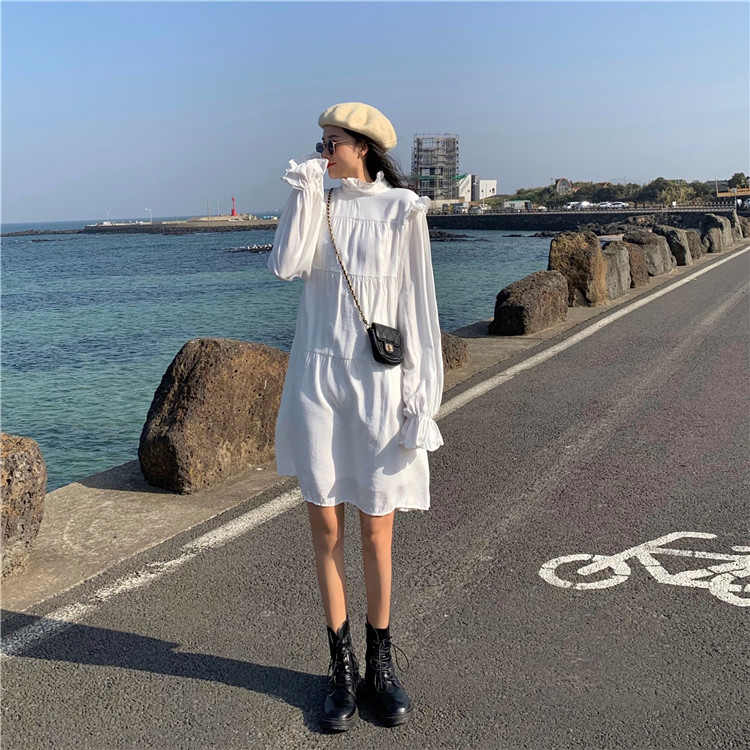 Real shot real price Korean wood ear side dress women's trumpet sleeve medium long school style bottom dress