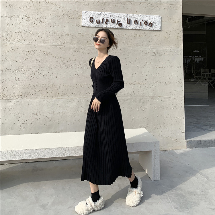 Real price knitting dress women mid autumn and winter long with long sleeve bottom dress
