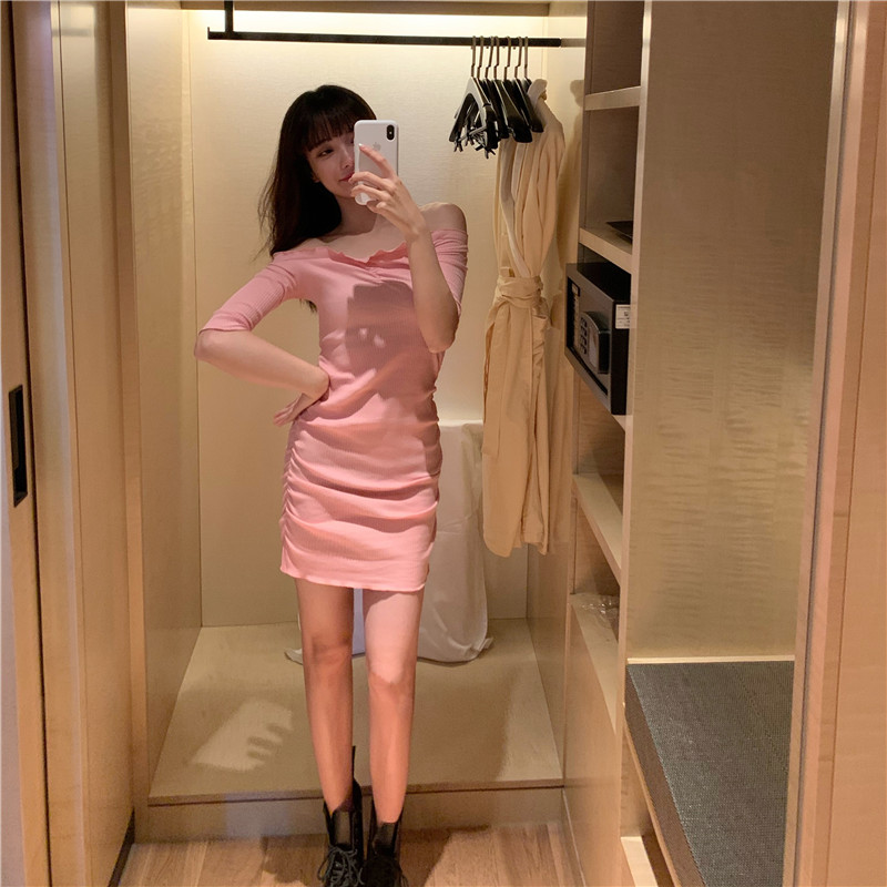 實拍實價韓版氣質性感一字肩顯瘦連衣裙女修身包臀裙