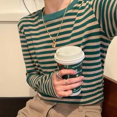 Real price 2021 early spring dew finger long sleeve Pullover T-shirt versatile striped top