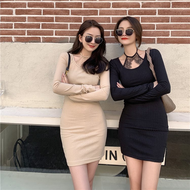 Real price spring new 2021 retro slim long sleeve short skirt stitching Lace Sexy Dress