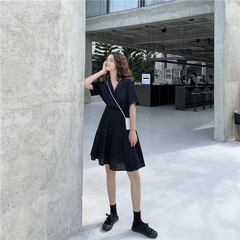 Real shot real price Korean version collar loose high waist long and short girlfriends dress