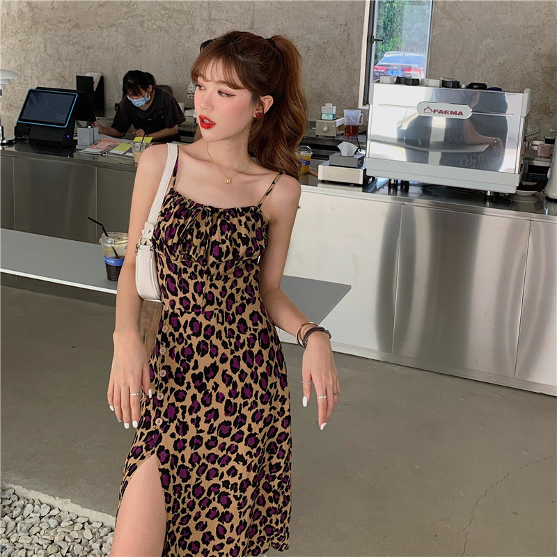 Real price leopard suspender Vest + leopard split skirt women's sexy slim suit