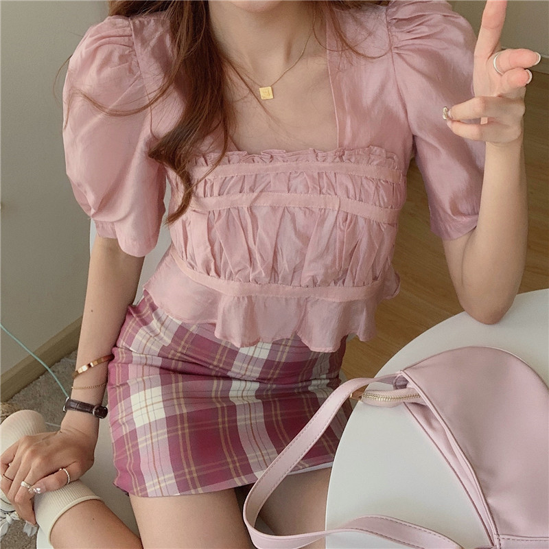 Real price short Blouse Top Women's summer Retro High Waist Plaid hip skirt suit