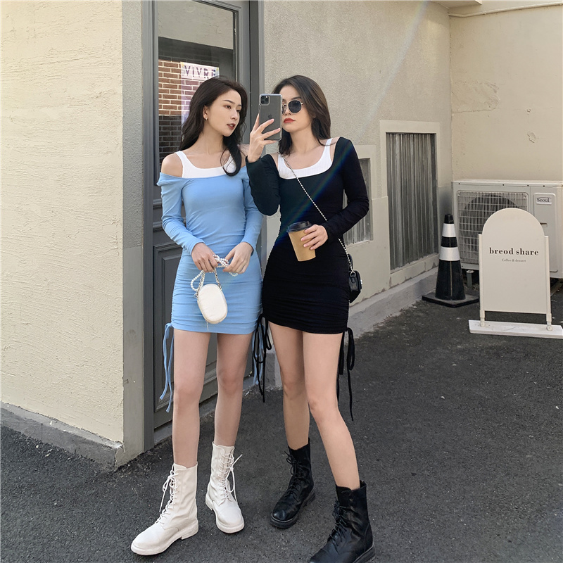 Real price new spring 2021 two pieces slim dress with drawcord machine skirt