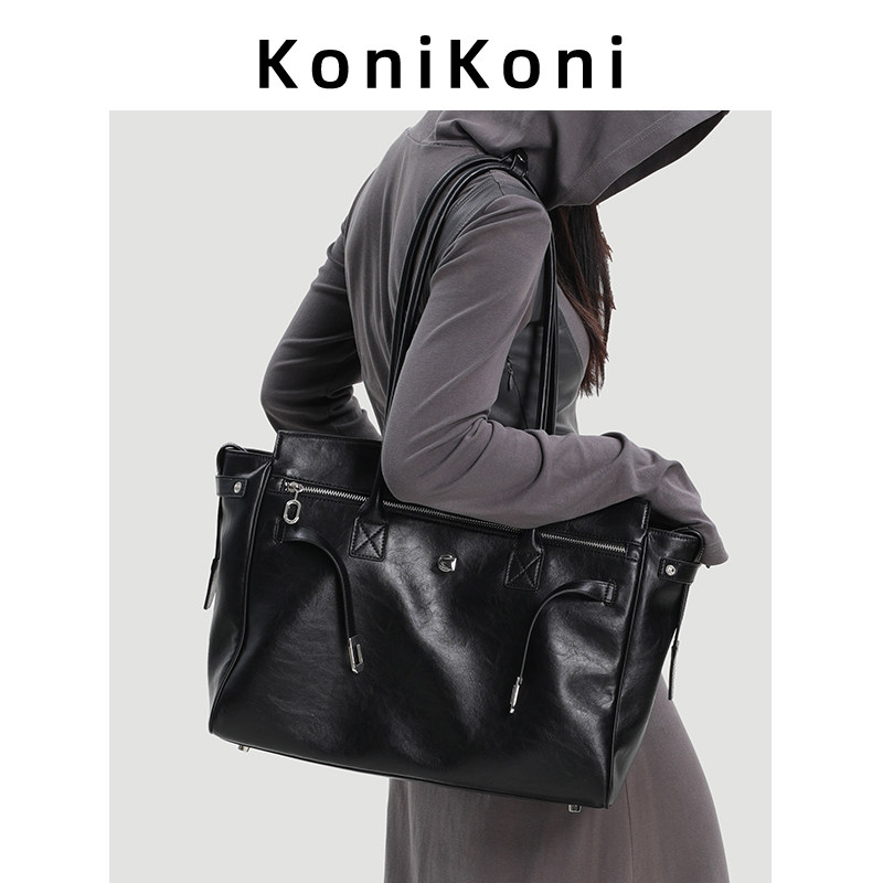 KoniKoni真皮黑色大容量托特包女2026新款高级凯莉包通勤单肩大包