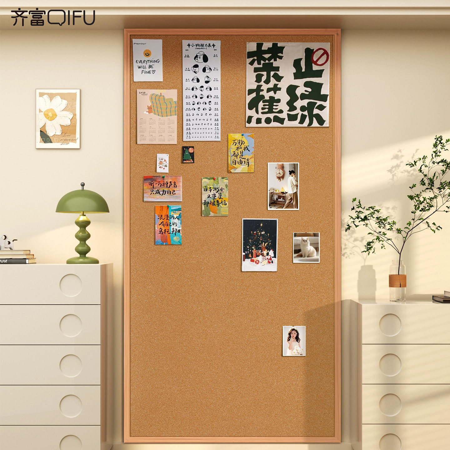 原木风木框软木板照片墙展示板