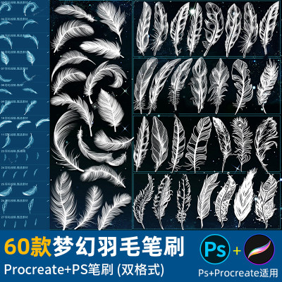 ps笔刷procreate笔刷动物羽毛飘落绒毛散落梦幻羽翼装饰线稿绘画