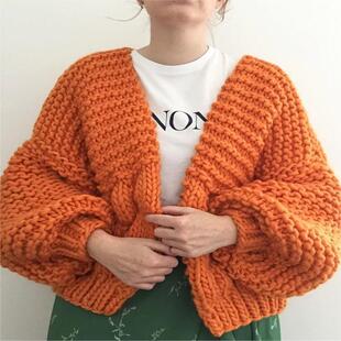 2023新品慵懒风粗针棒针休闲欧美纯色手打毛衣开衫女外套宽松上衣