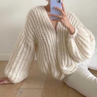 2023新品慵懒风休闲长袖欧美纯色手打毛衣开衫女外套时尚宽松上衣