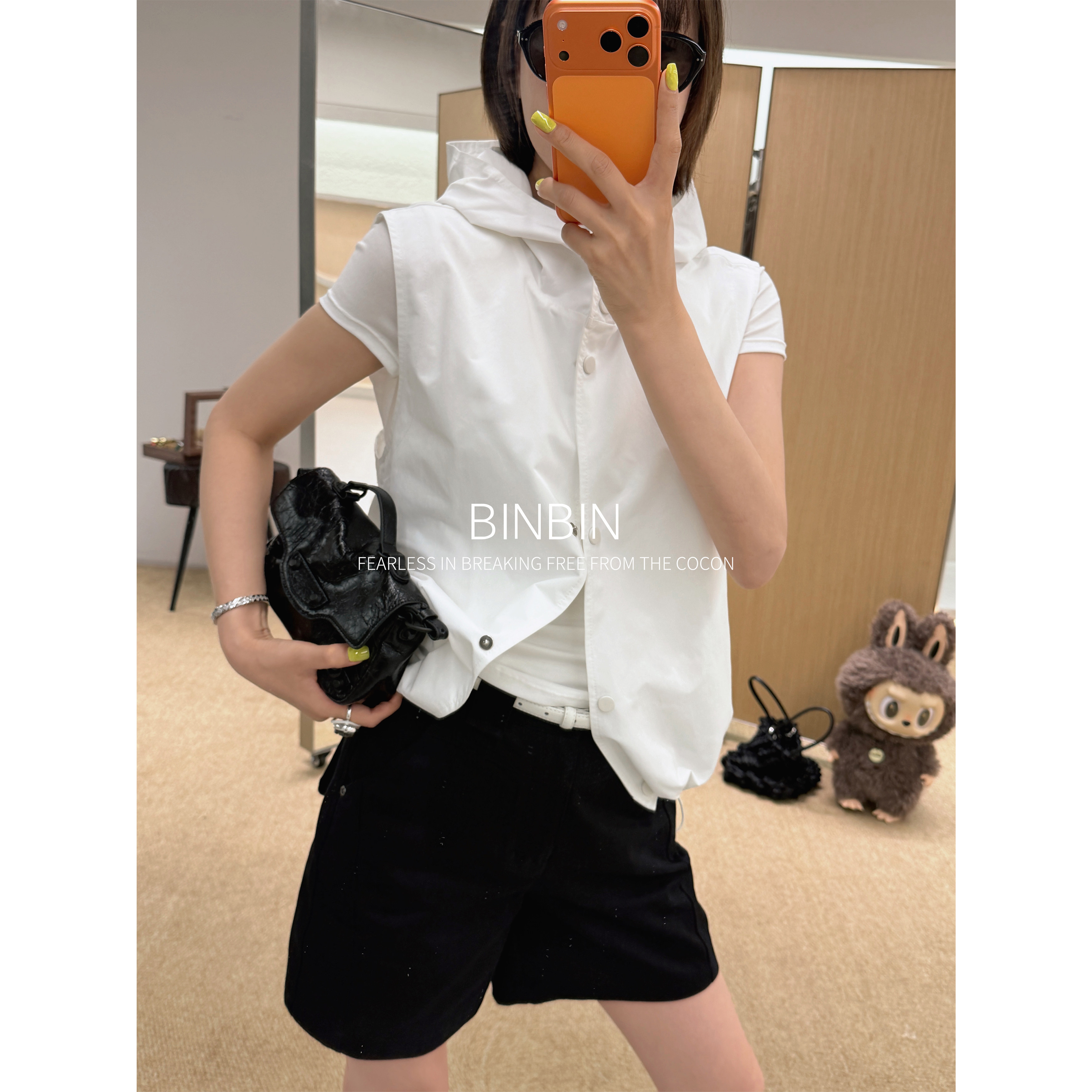 韩彬彬"黑白数字"春夏解构连帽刺绣马甲宽松休闲简约上衣女X592-1