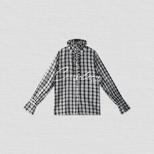 秋冬法式黑白格木耳边衬衫