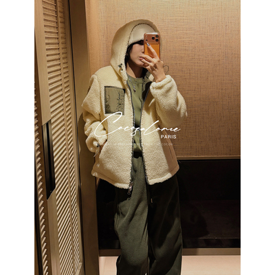 秋冬新款绵羊毛休闲撞色连帽棉服