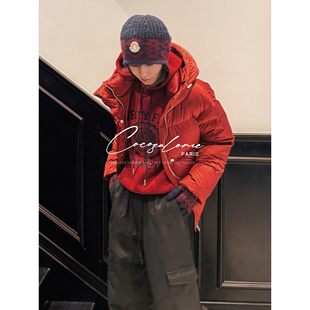 正红色高领连帽白鸭绒填充羽绒服女3469 秋冬新款 韩彬彬 新年礼物
