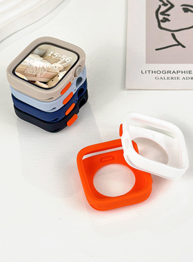适用苹果手表保护壳applewatch9软硅胶双色糖果壳iwatch876半包边防刮防撞5彩色软壳4se3ultra多巴胺色手表壳