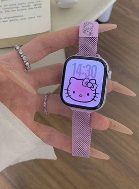 适用新款苹果手表S11applewatchS10滑板KT猫细款磁吸米兰金属表带iwatch98765/4夏天ultra3男女款卡通腕带SE3