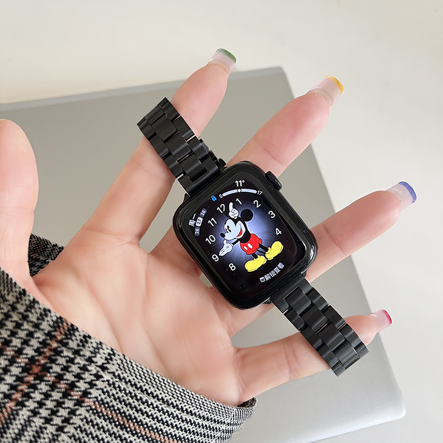 适用苹果手表星光色表带applewatchS8小蛮腰金属三株不锈钢表带iwatch7/6/5/4/3/2/1/SE代细款女表带41/45mm 智能设备 智能手表手环表带/腕带 原图主图