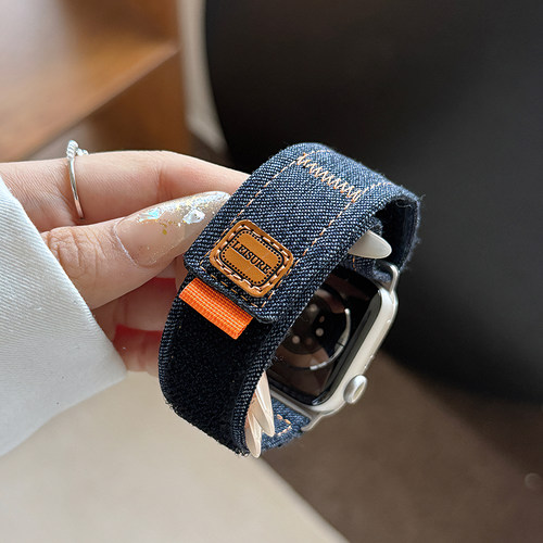 适用苹果手表牛仔回环魔术贴表带