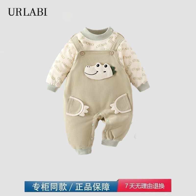 品牌撤柜婴儿背带裤套装秋冬加棉加厚宝宝连体衣儿童保暖外穿爬服