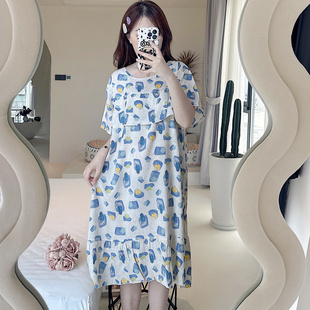 家居服 防凸点人造棉夏季 睡裙女棉绸睡衣短袖 中长款 连衣裙甜美大码